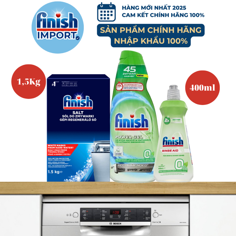 Combo 3 món Ecolabel: Gel rửa chén Finish 900ml, 1 chai Finish 400ml (0% Ecolabel EU), muối Finish 1,5kg (Làm mềm nước)